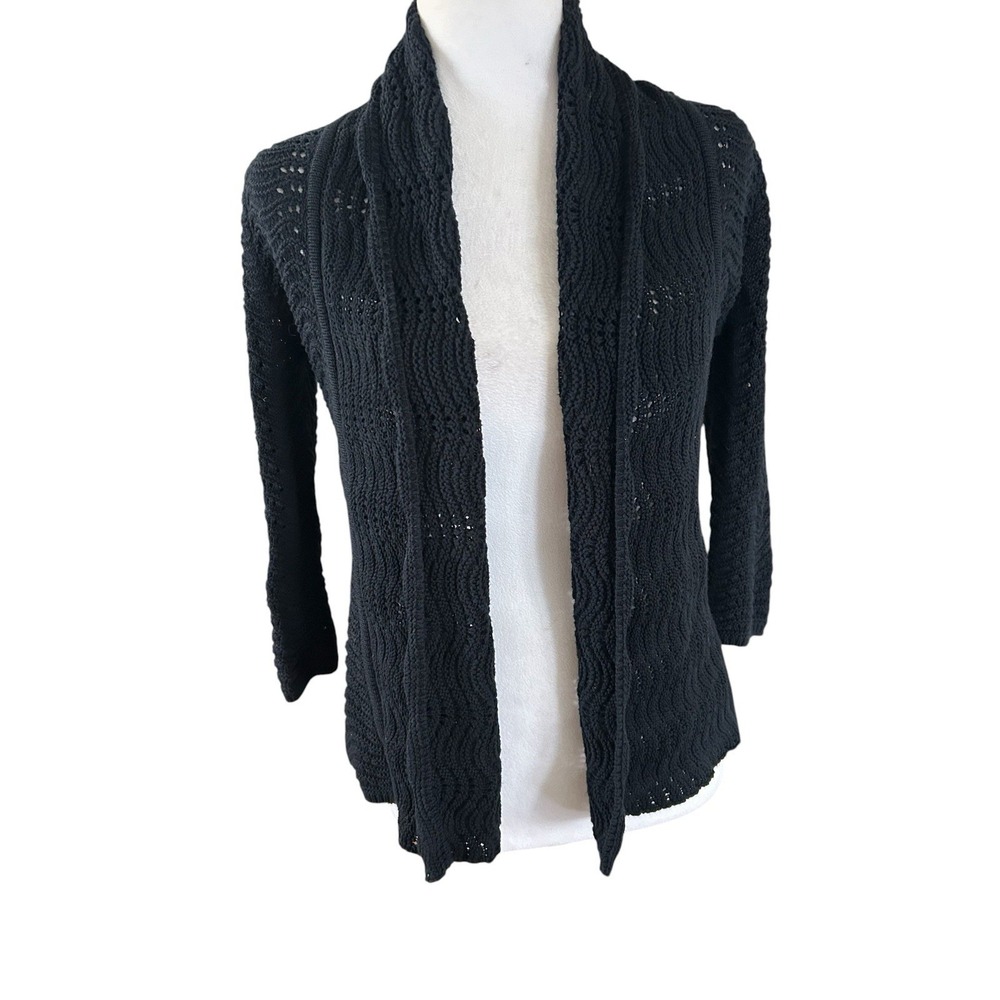 GUESS Black Open Front Knit Cardigan Sweater Womens XS Cotton Duster Crochet